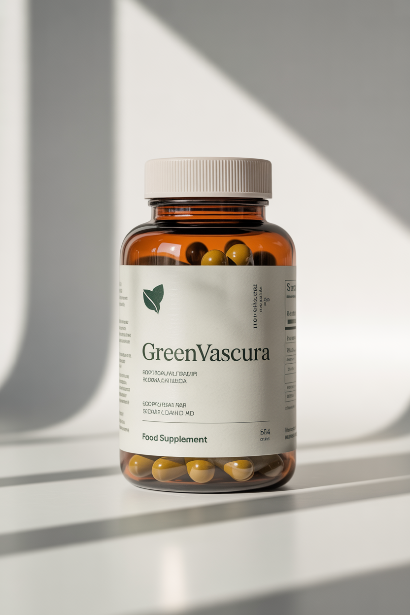 GreenVascura food supplement bottle illustration with green branding